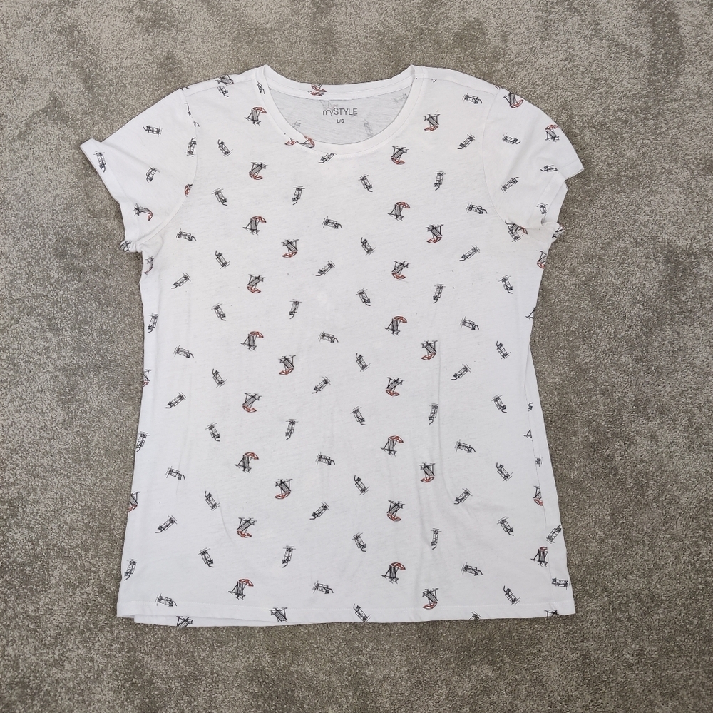 MyStyle Women's Beach Print T-shirt in White Size Large Cotton Blend